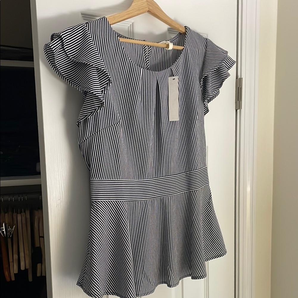Monteau Navy and White Striped Peplum Top